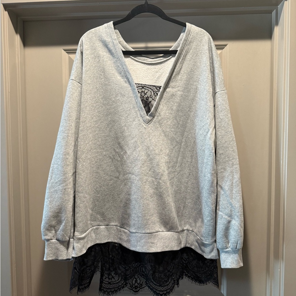 Free People Gray V-Neck Sweater Dress with Black Lace Hem